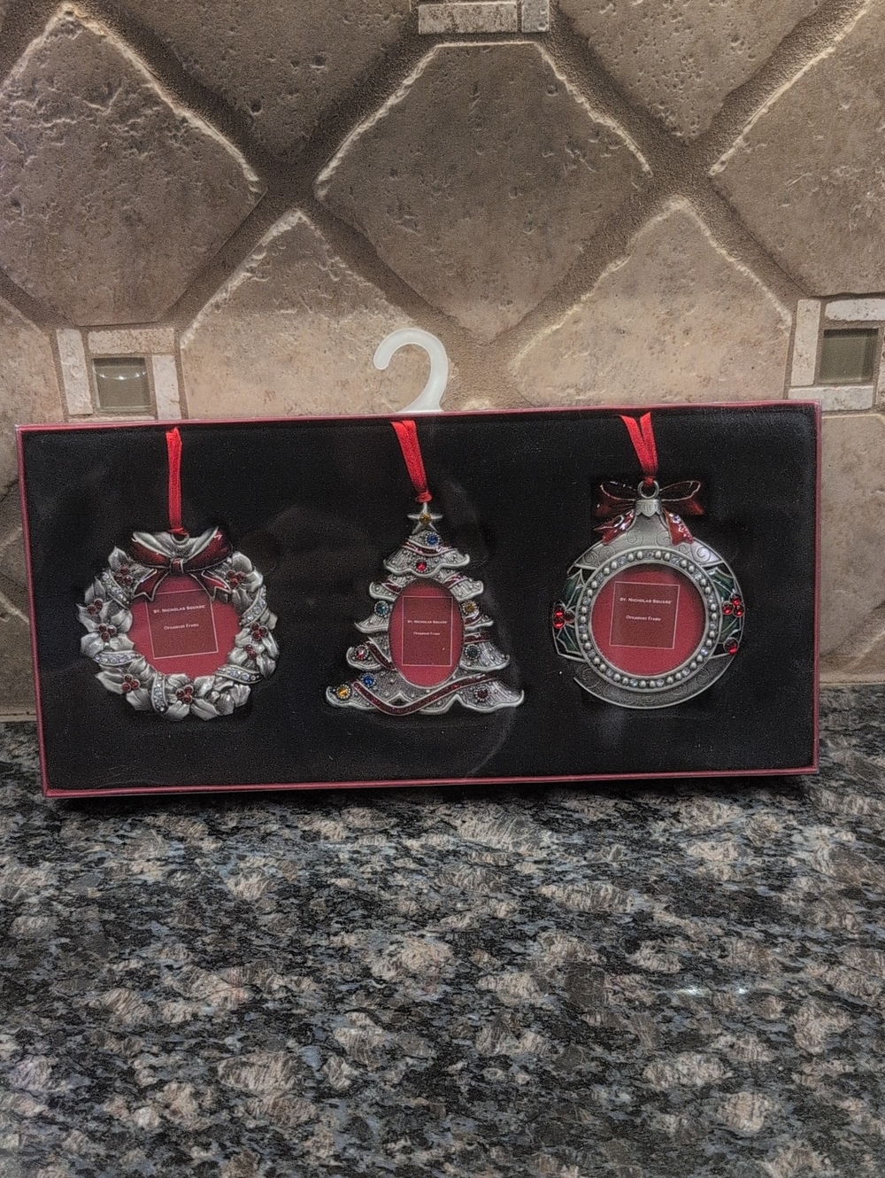 St.Nicholas Square Holiday Ornament Photo Frame Set - Silver and Red